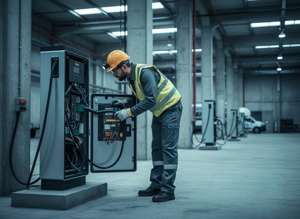 Total InCharge technician performing preventive maintenance on a commercial EV charging station