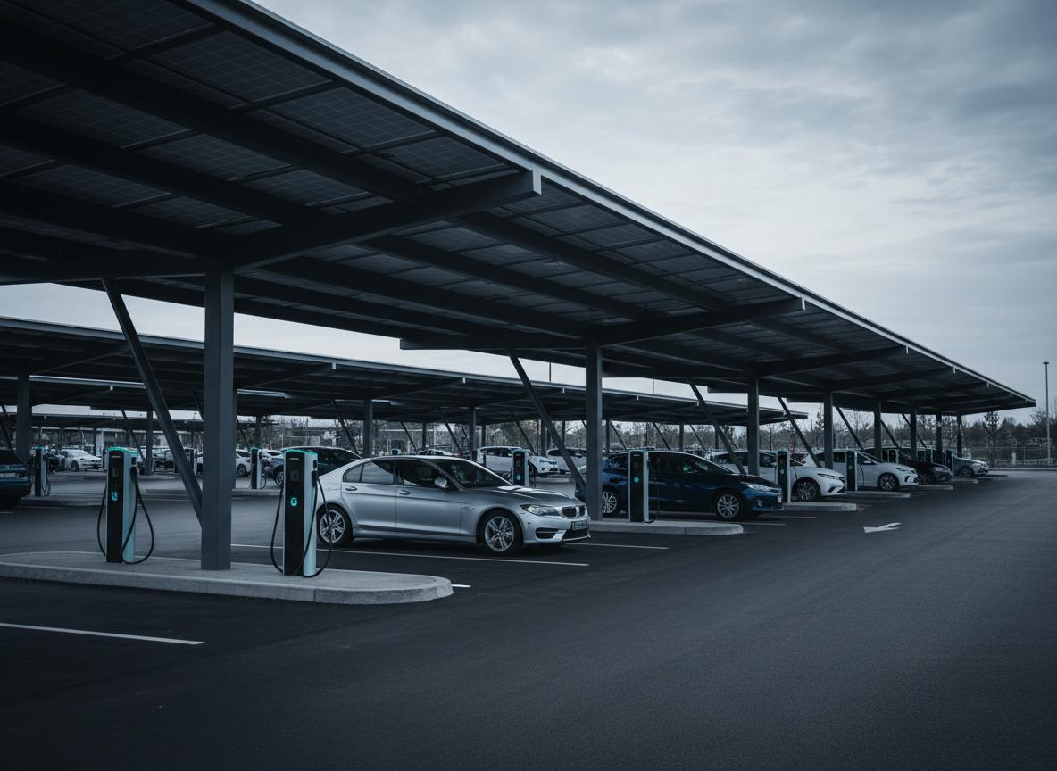 Solar carport with integrated EV chargers at a commercial property in Orange County, CA